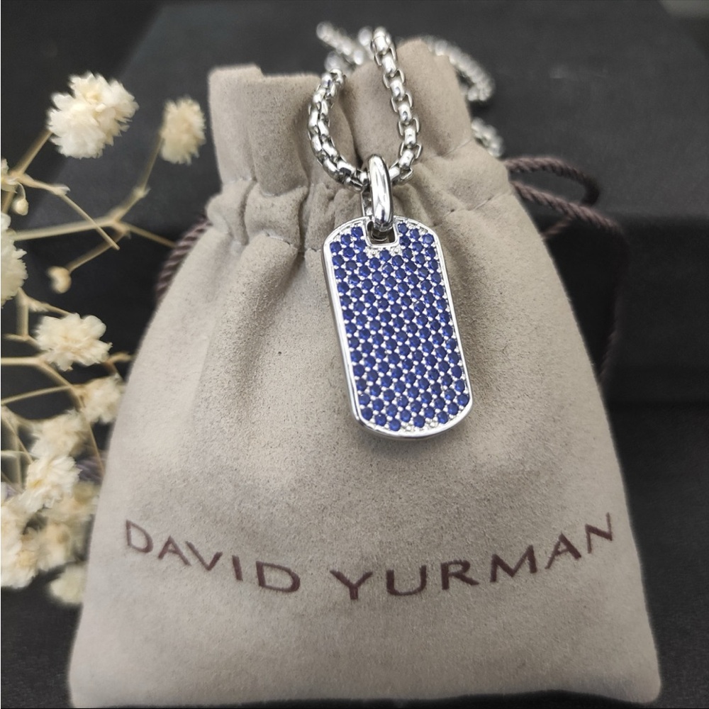David Yurman Silver Necklace Pendant with Blue Crystal Dog Tag - Unbranded